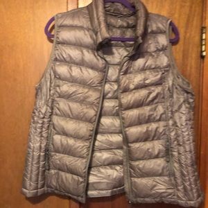 Tan packable puffer vest with hood